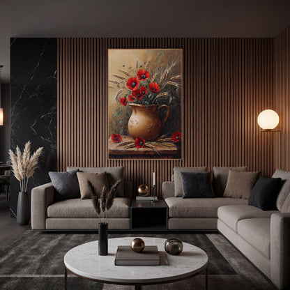 Red Poppies and Wheat Still Life wall art in an elegant modern room – red poppies and golden wheat stalks in a round