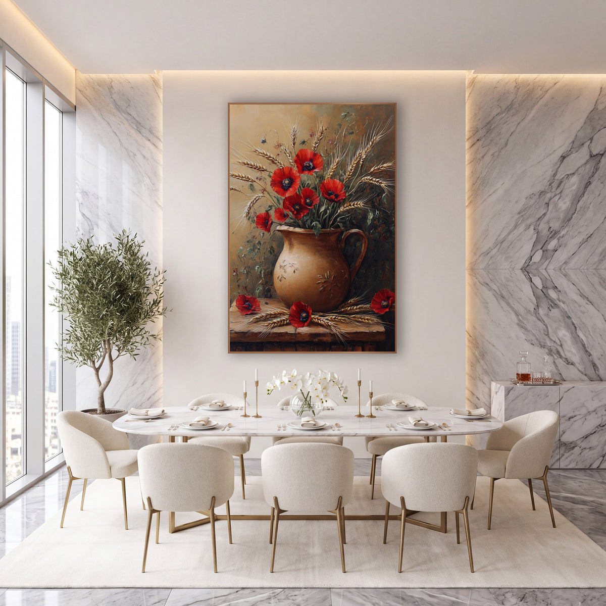 Red Poppies and Wheat Still Life wall art in an elegant modern room – red poppies and golden wheat stalks in a round