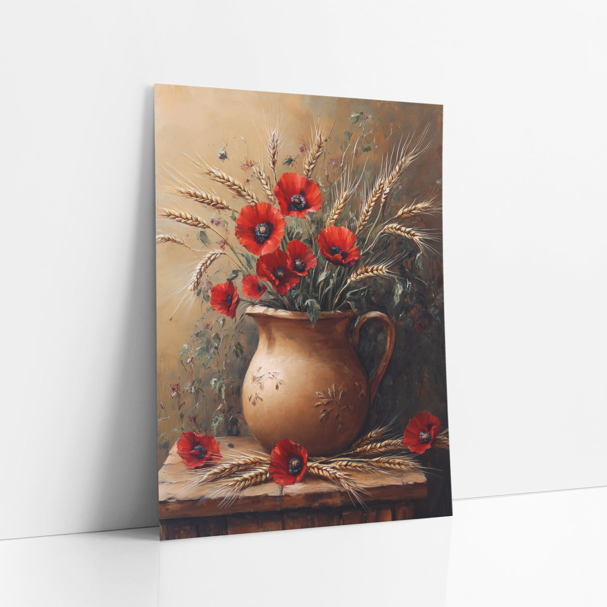 Red Poppies and Wheat Still Life art print leaning against a white wall – red poppies and golden wheat stalks in a round tan