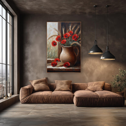 Red Poppies Wheat Jug Still Life wall art in an elegant modern room – still life of red poppies and wheat ears