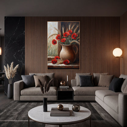 Red Poppies Wheat Jug Still Life wall art in an elegant modern room – still life of red poppies and wheat ears