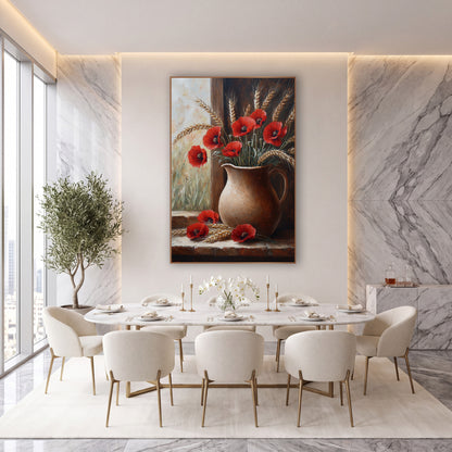 Red Poppies Wheat Jug Still Life wall art in an elegant modern room – still life of red poppies and wheat ears