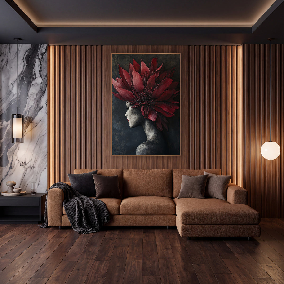 Crimson Protea Profile Portrait wall art in an elegant modern room – woman in profile with closed eyes and red lips