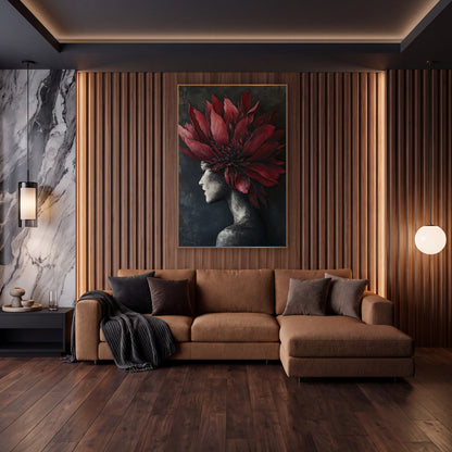 Crimson Protea Profile Portrait wall art in an elegant modern room – woman in profile with closed eyes and red lips