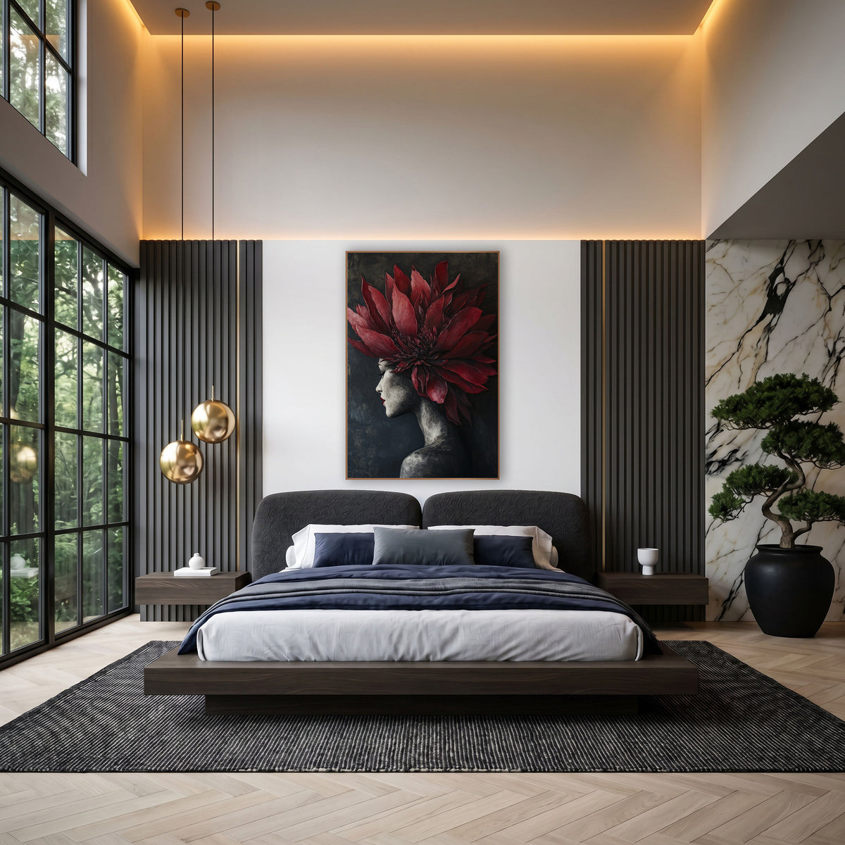 Crimson Protea Profile Portrait wall art in an elegant modern room – woman in profile with closed eyes and red lips