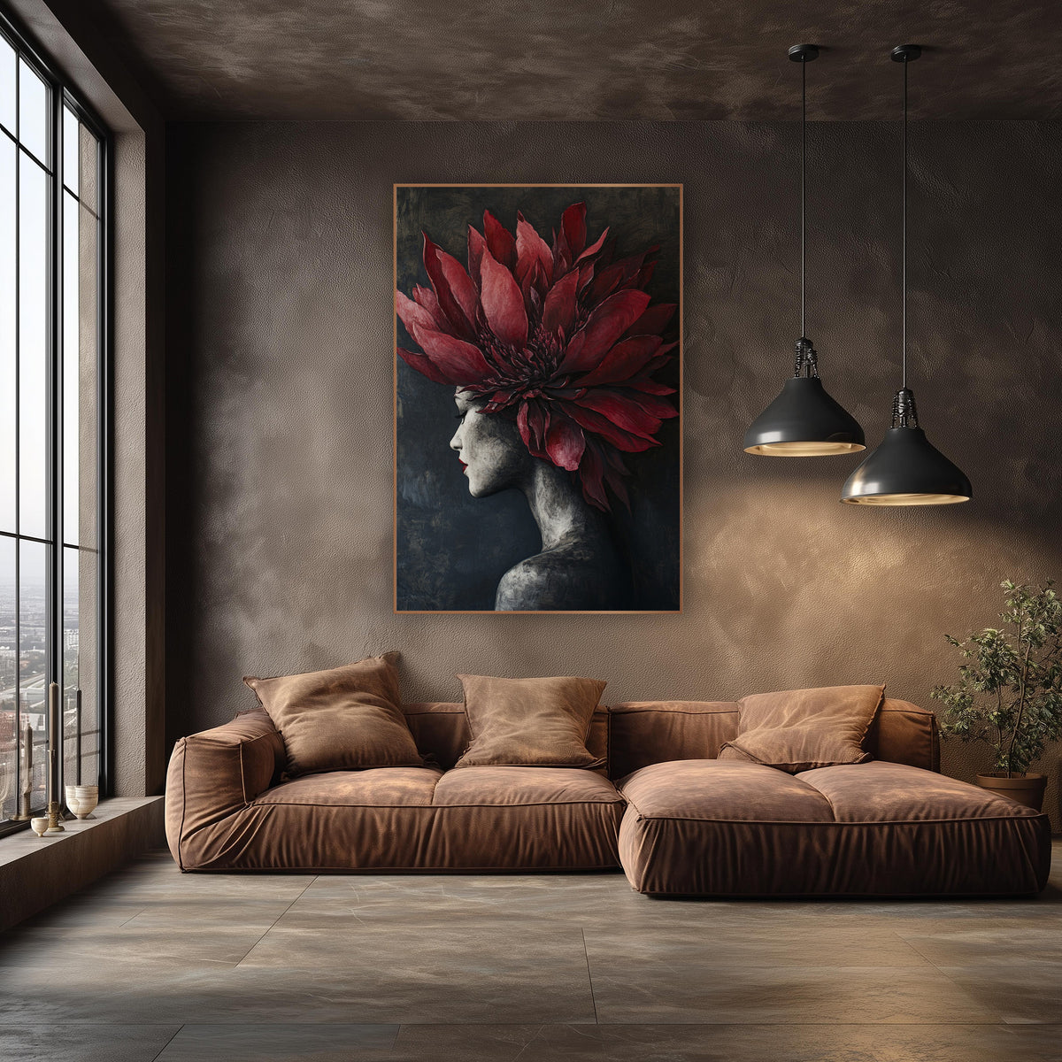 Crimson Protea Profile Portrait wall art in an elegant modern room – woman in profile with closed eyes and red lips