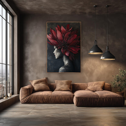 Crimson Protea Profile Portrait wall art in an elegant modern room – woman in profile with closed eyes and red lips