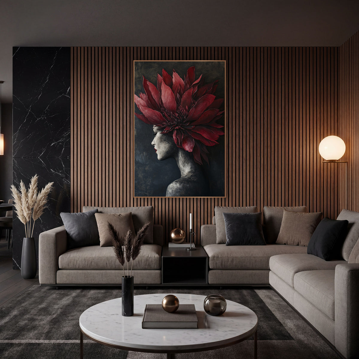 Crimson Protea Profile Portrait wall art in an elegant modern room – woman in profile with closed eyes and red lips