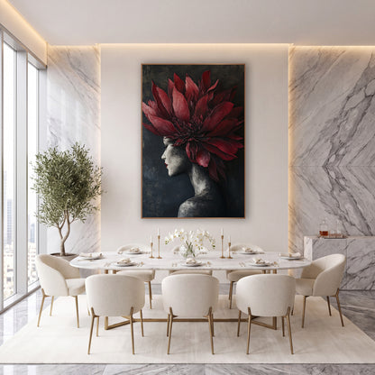 Crimson Protea Profile Portrait wall art in an elegant modern room – woman in profile with closed eyes and red lips