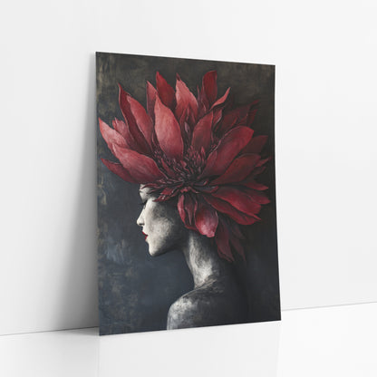 Crimson Protea Profile Portrait art print leaning against a white wall – woman in profile with closed eyes and red lips
