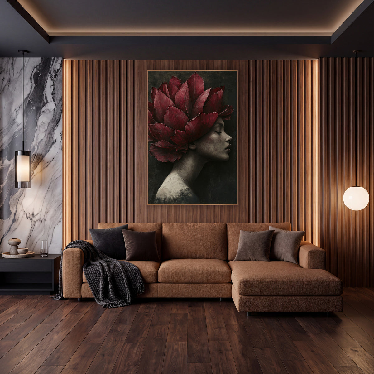 Crimson Petal Crown Portrait Luxury wall art in an elegant modern room – woman in profile with closed eyes wearing