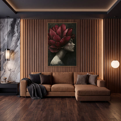 Crimson Petal Crown Portrait Luxury wall art in an elegant modern room – woman in profile with closed eyes wearing