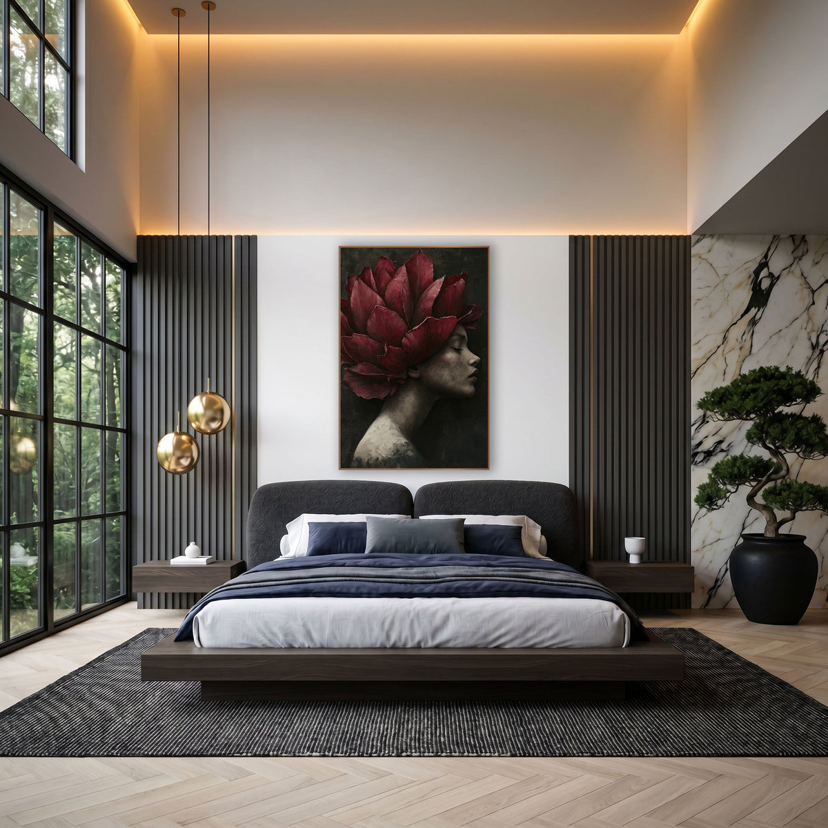 Crimson Petal Crown Portrait Luxury wall art in an elegant modern room – woman in profile with closed eyes wearing