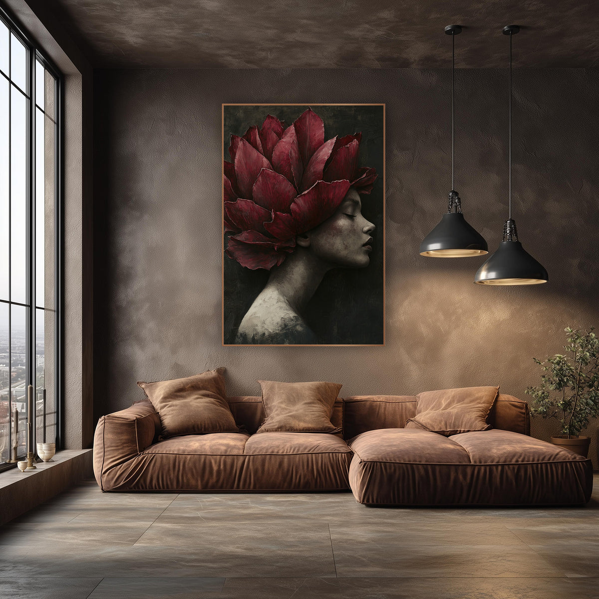 Crimson Petal Crown Portrait Luxury wall art in an elegant modern room – woman in profile with closed eyes wearing
