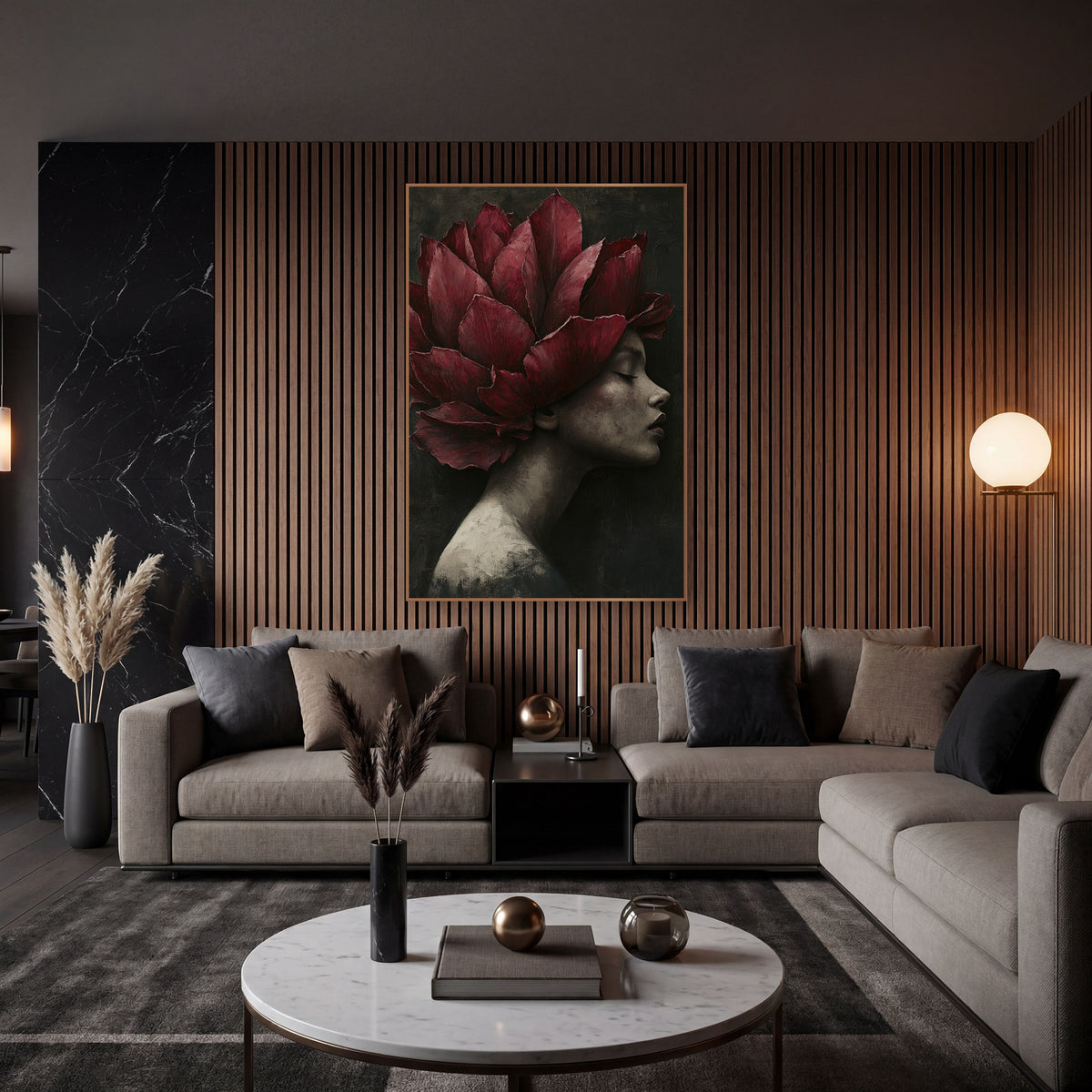 Crimson Petal Crown Portrait Luxury wall art in an elegant modern room – woman in profile with closed eyes wearing