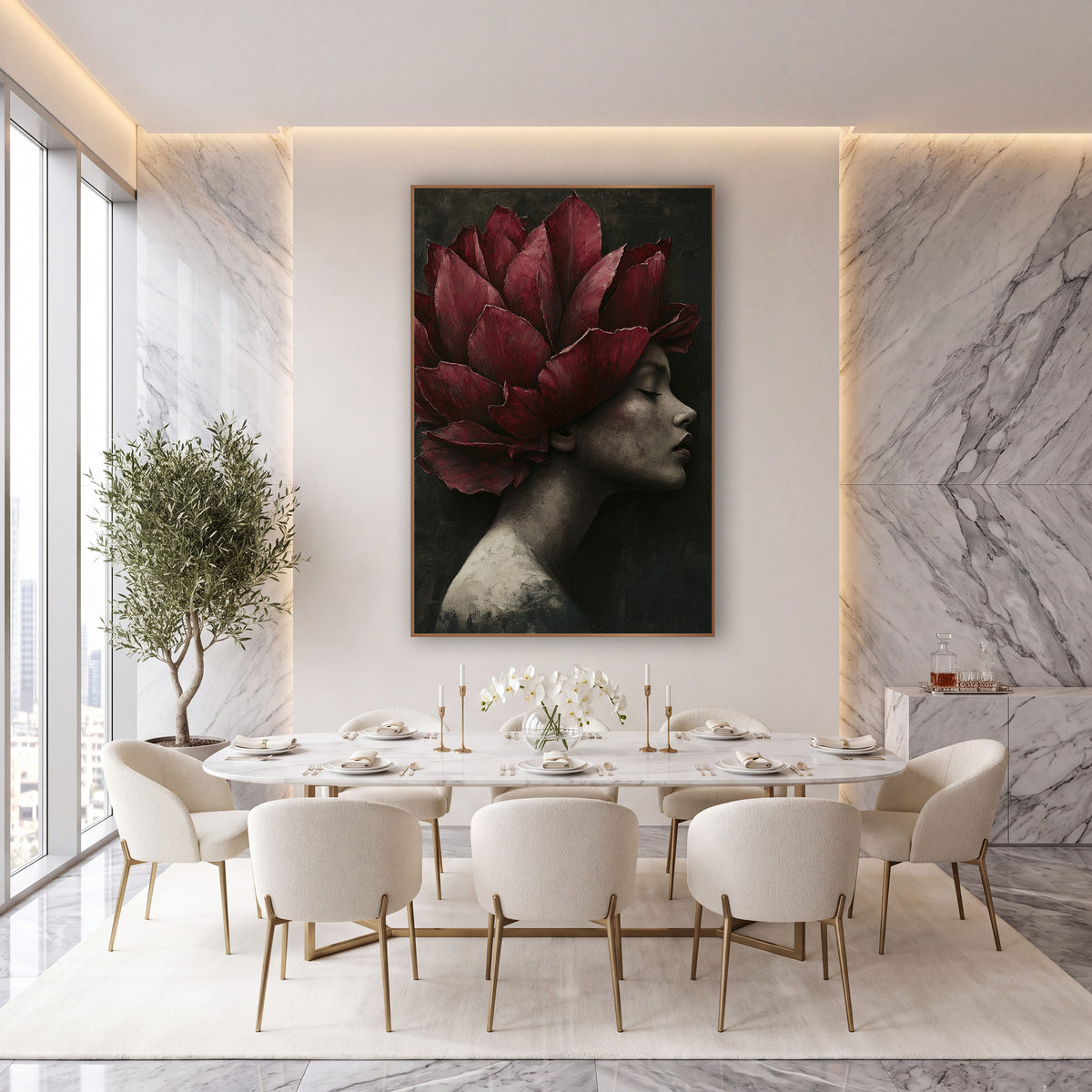 Crimson Petal Crown Portrait Luxury wall art in an elegant modern room – woman in profile with closed eyes wearing