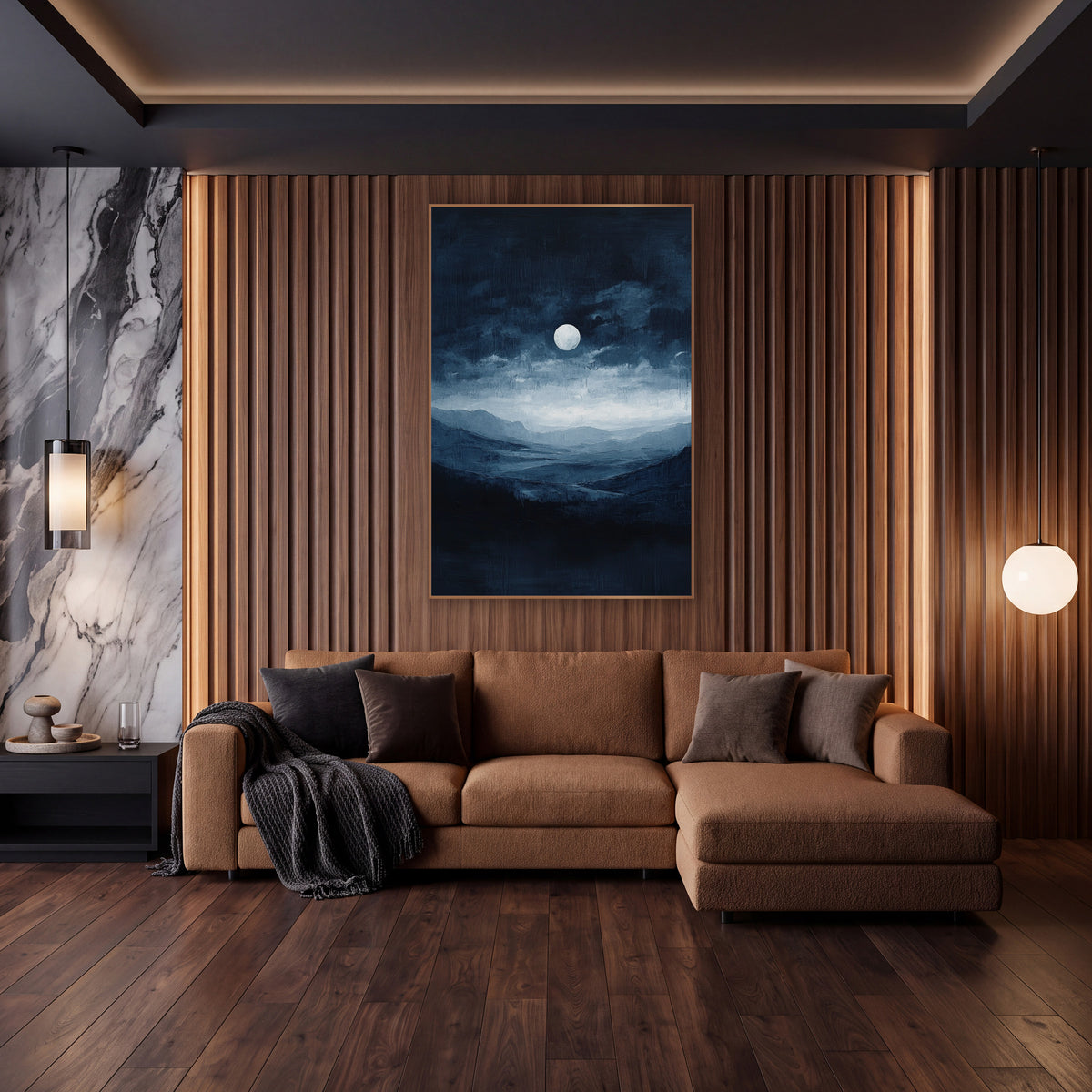 Moonlit Indigo Valley Landscape wall art in an elegant modern room – bright full moon above dark navy clouds