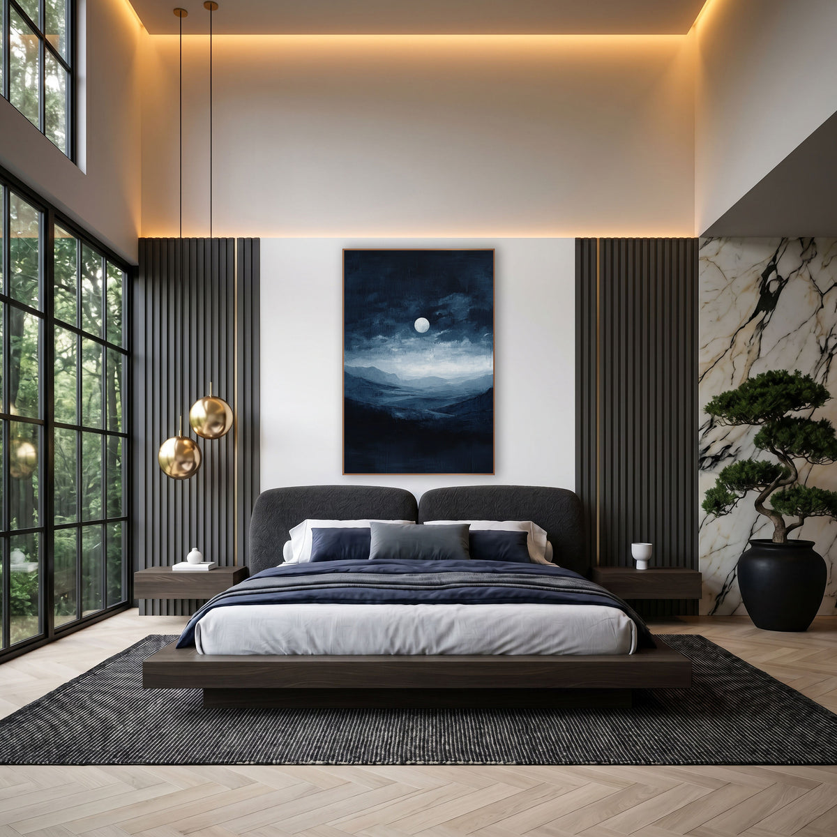Moonlit Indigo Valley Landscape wall art in an elegant modern room – bright full moon above dark navy clouds