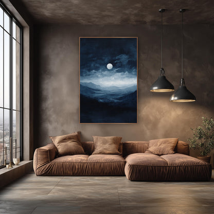 Moonlit Indigo Valley Landscape wall art in an elegant modern room – bright full moon above dark navy clouds