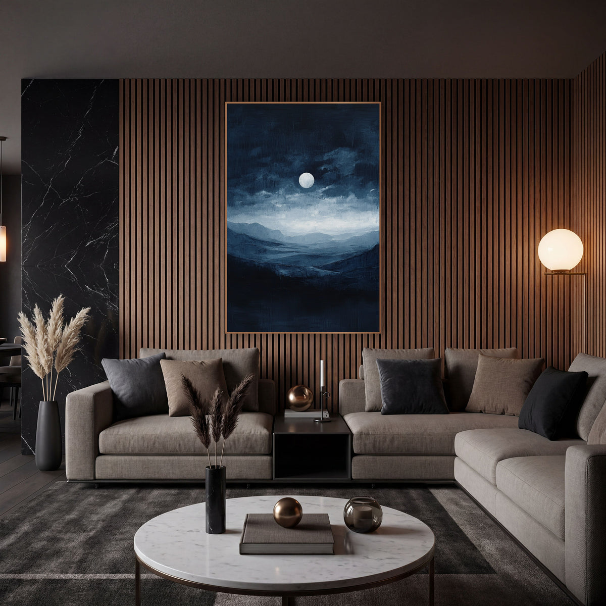 Moonlit Indigo Valley Landscape wall art in an elegant modern room – bright full moon above dark navy clouds