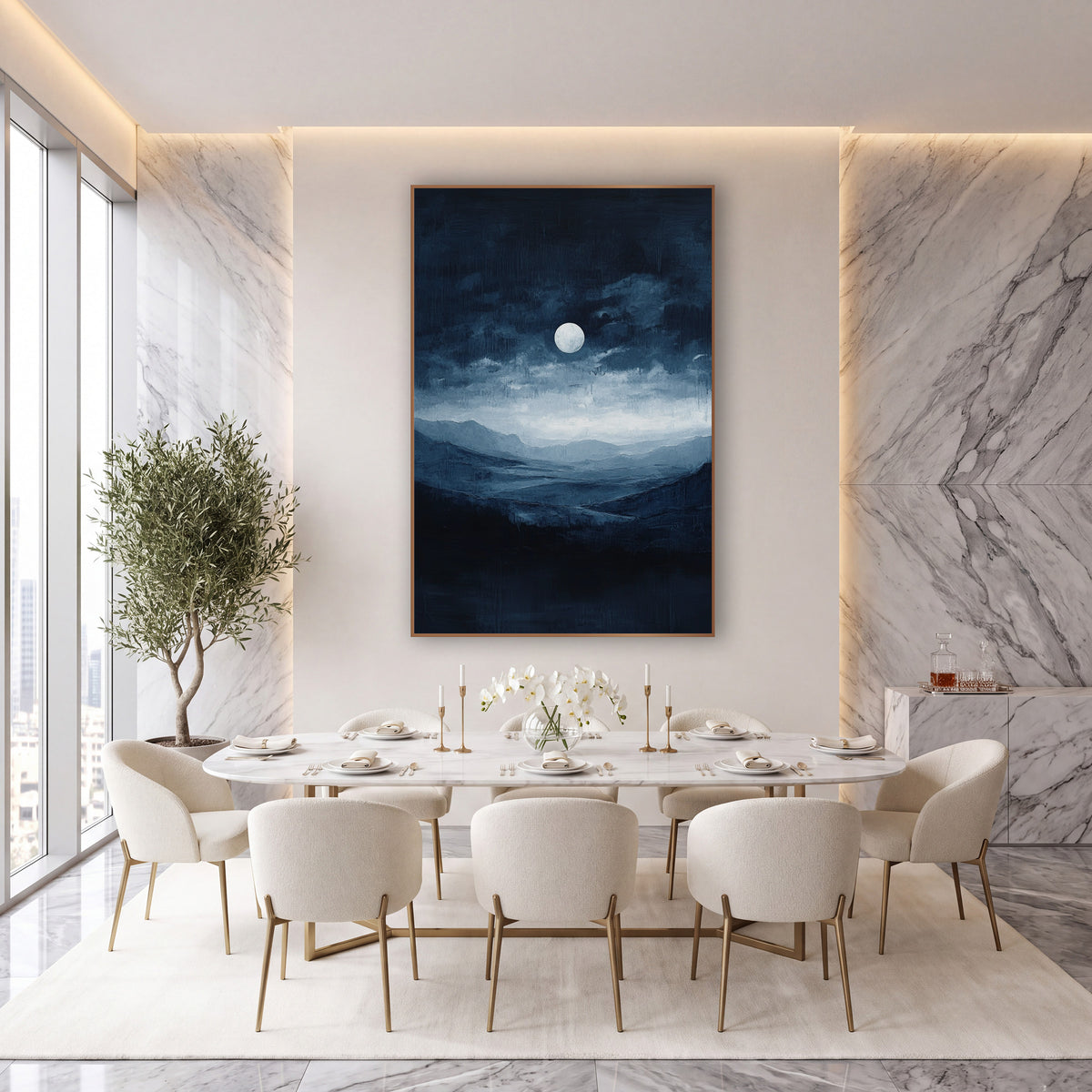 Moonlit Indigo Valley Landscape wall art in an elegant modern room – bright full moon above dark navy clouds