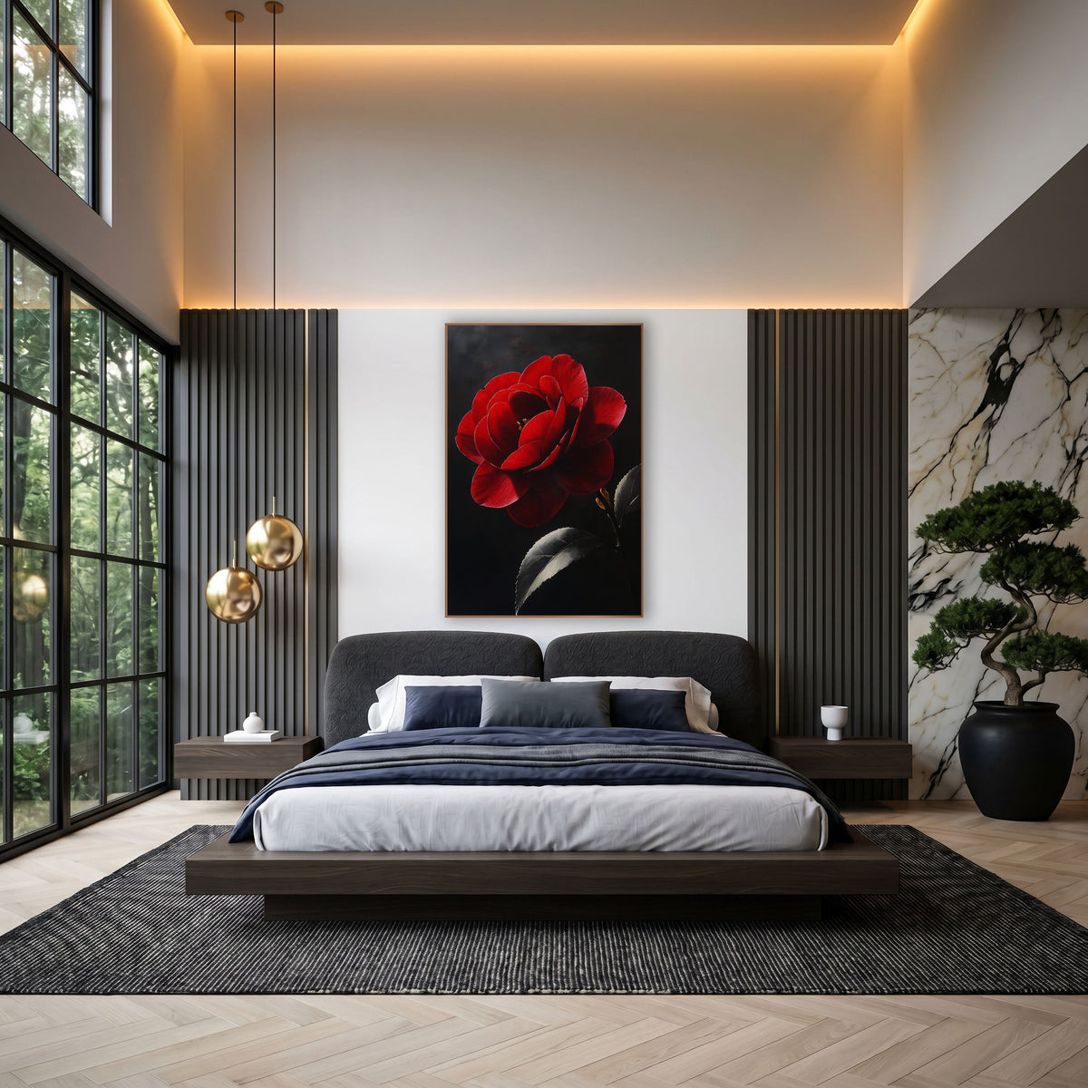 Crimson Camellia Moody Luxe Botanical wall art in an elegant modern room – large crimson camellia bloom with layered