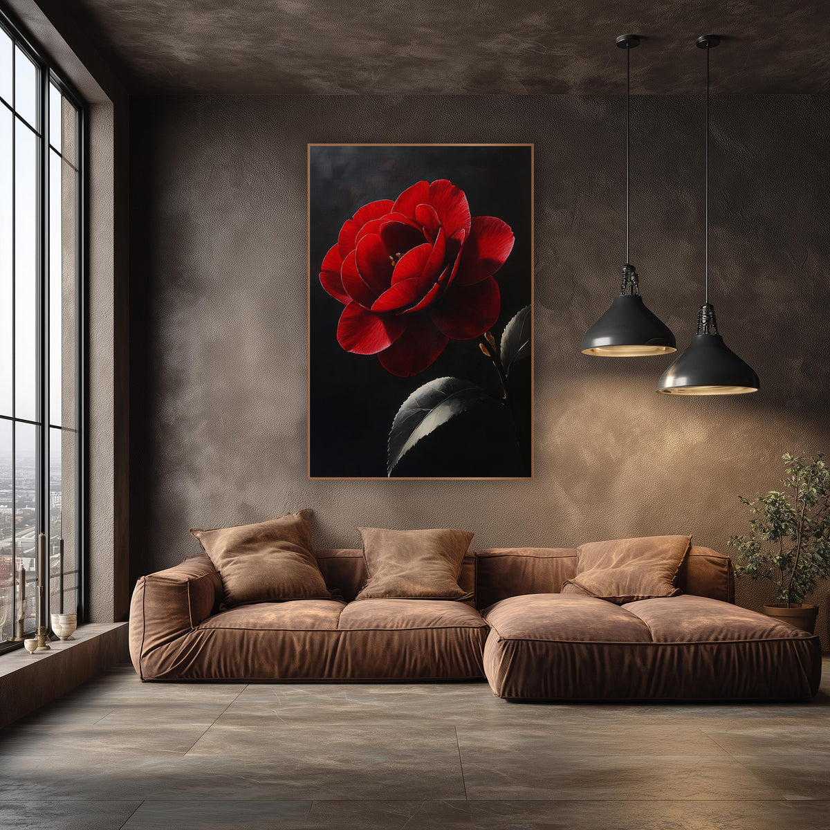 Crimson Camellia Moody Luxe Botanical wall art in an elegant modern room – large crimson camellia bloom with layered