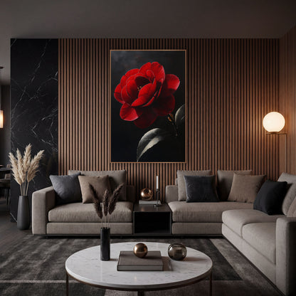 Crimson Camellia Moody Luxe Botanical wall art in an elegant modern room – large crimson camellia bloom with layered