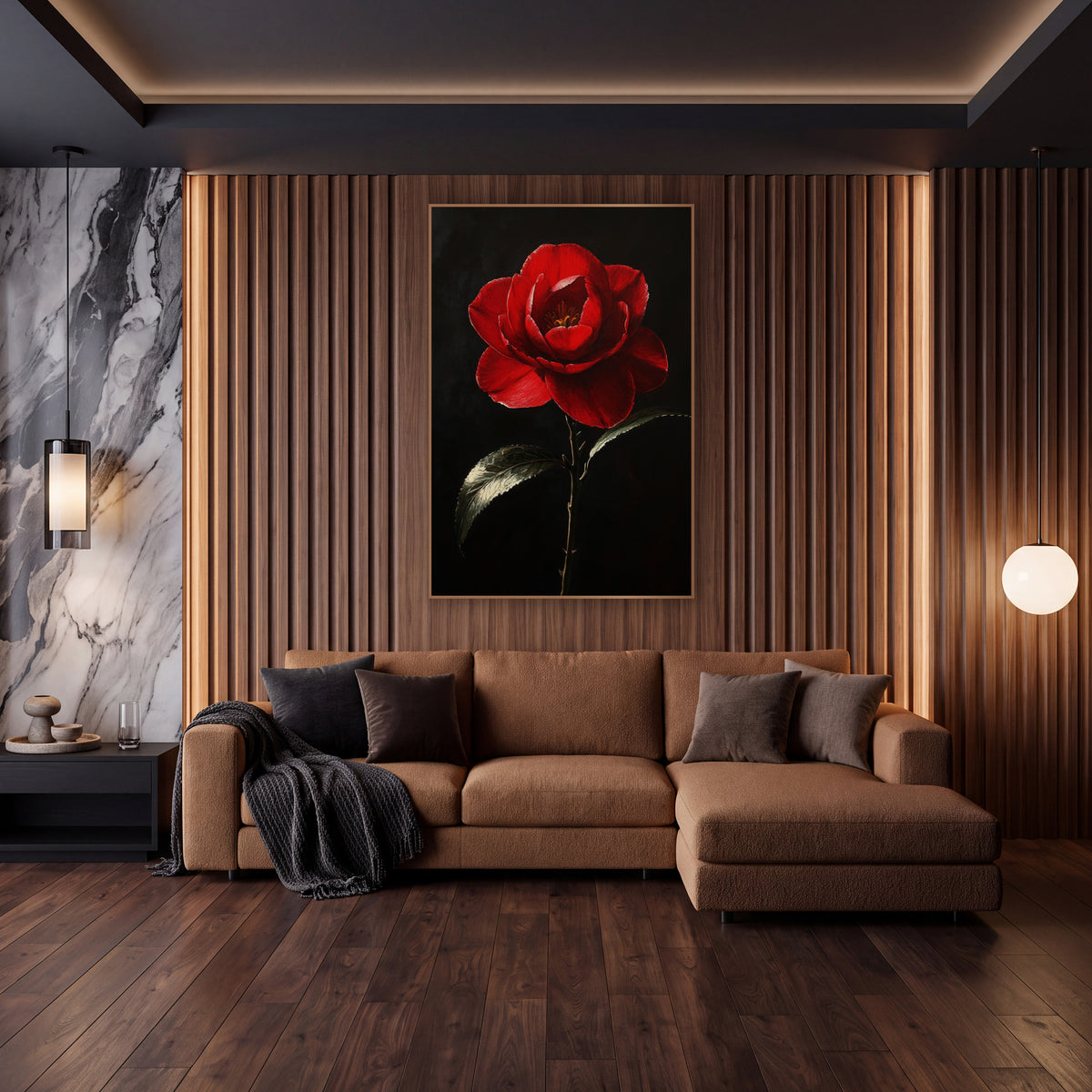 Scarlet Camellia Dark Floral Luxe wall art in an elegant modern room – single red camellia bloom with golden center