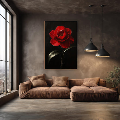 Scarlet Camellia Dark Floral Luxe wall art in an elegant modern room – single red camellia bloom with golden center