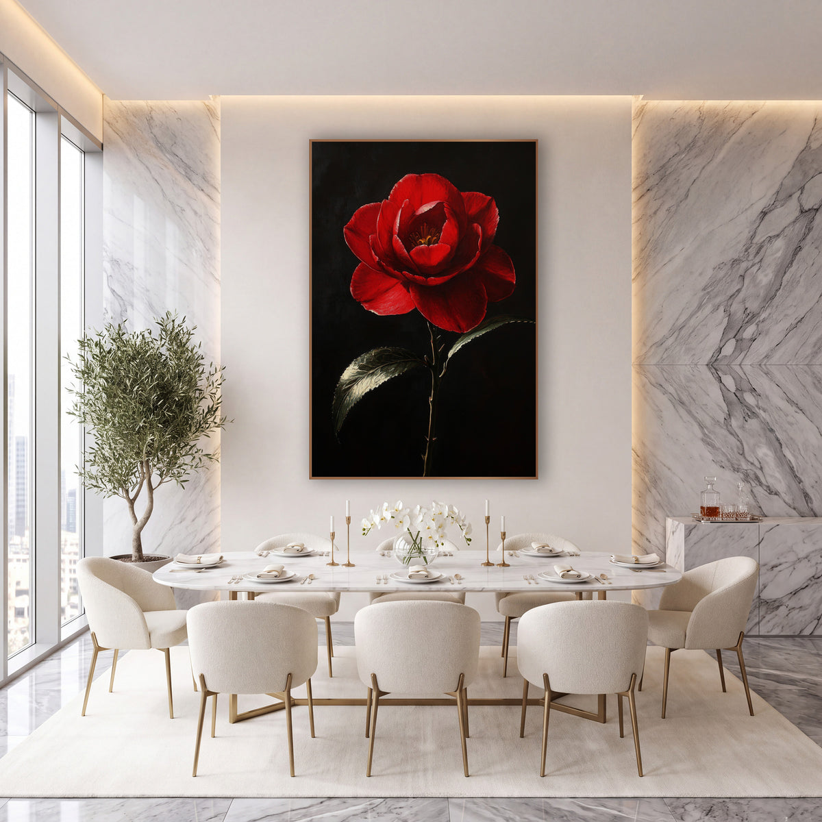Scarlet Camellia Dark Floral Luxe wall art in an elegant modern room – single red camellia bloom with golden center
