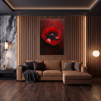 Crimson Poppy Moody Luxe wall art in an elegant modern room – large red poppy with ruffled petals and black center