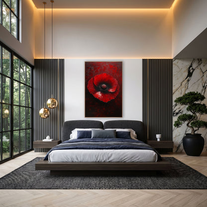 Crimson Poppy Moody Luxe wall art in an elegant modern room – large red poppy with ruffled petals and black center