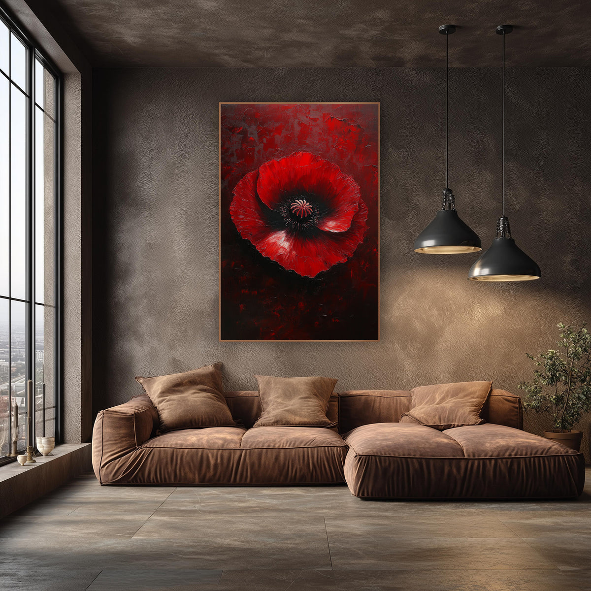 Crimson Poppy Moody Luxe wall art in an elegant modern room – large red poppy with ruffled petals and black center