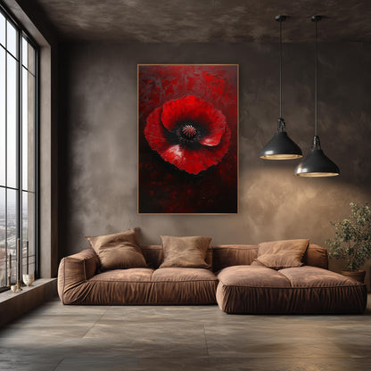Crimson Poppy Moody Luxe wall art in an elegant modern room – large red poppy with ruffled petals and black center