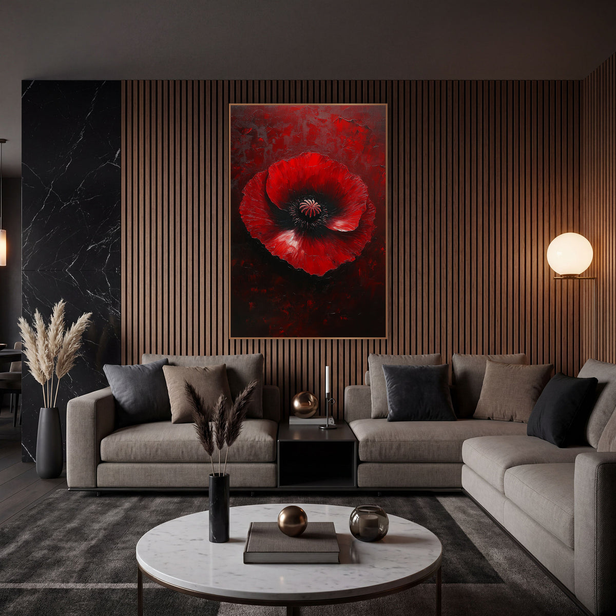 Crimson Poppy Moody Luxe wall art in an elegant modern room – large red poppy with ruffled petals and black center