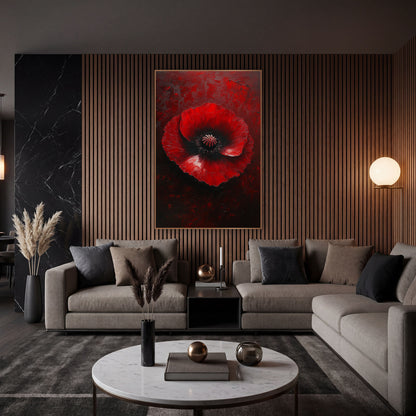 Crimson Poppy Moody Luxe wall art in an elegant modern room – large red poppy with ruffled petals and black center