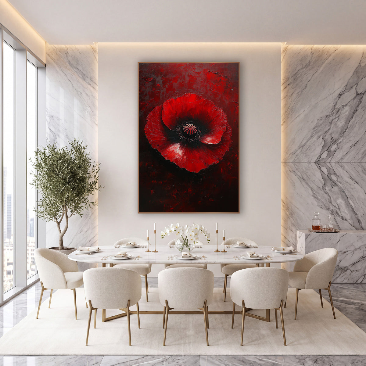 Crimson Poppy Moody Luxe wall art in an elegant modern room – large red poppy with ruffled petals and black center