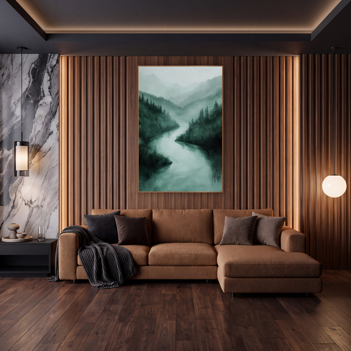 Misty Emerald River Valley Landscape wall art in an elegant modern room – pale river winding through dark evergreen