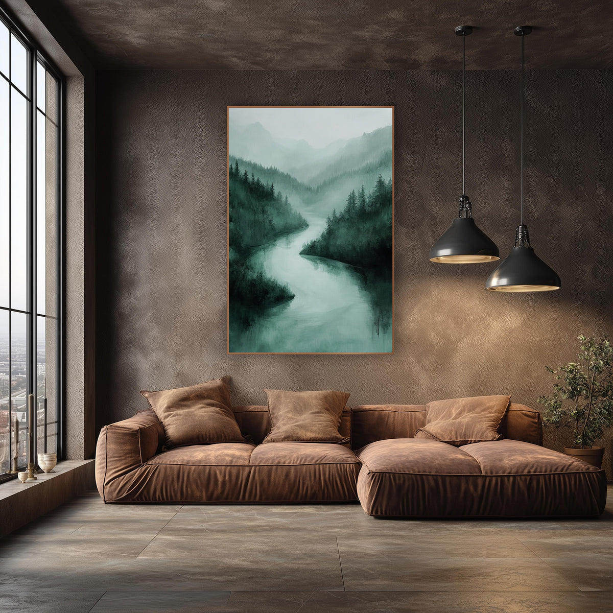 Misty Emerald River Valley Landscape wall art in an elegant modern room – pale river winding through dark evergreen
