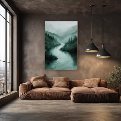 Misty Emerald River Valley Landscape wall art in an elegant modern room – pale river winding through dark evergreen