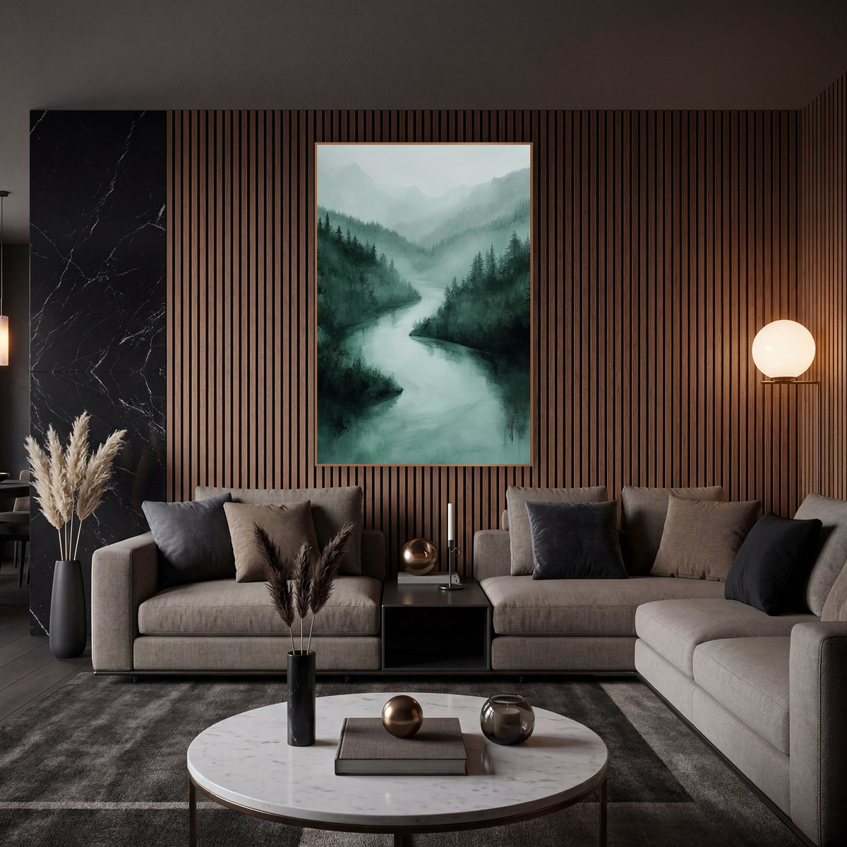 Misty Emerald River Valley Landscape wall art in an elegant modern room – pale river winding through dark evergreen