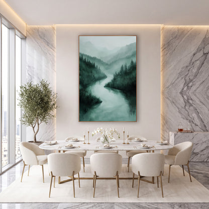 Misty Emerald River Valley Landscape wall art in an elegant modern room – pale river winding through dark evergreen