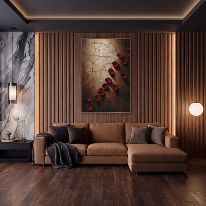 Crimson Rose Petals Moody Luxe wall art in an elegant modern room – scattered deep red rose petals with soft shadows