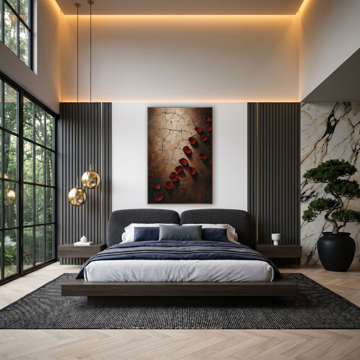 Crimson Rose Petals Moody Luxe wall art in an elegant modern room – scattered deep red rose petals with soft shadows