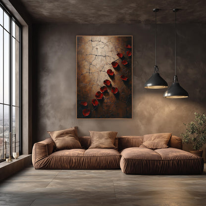 Crimson Rose Petals Moody Luxe wall art in an elegant modern room – scattered deep red rose petals with soft shadows