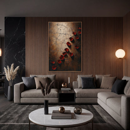 Crimson Rose Petals Moody Luxe wall art in an elegant modern room – scattered deep red rose petals with soft shadows