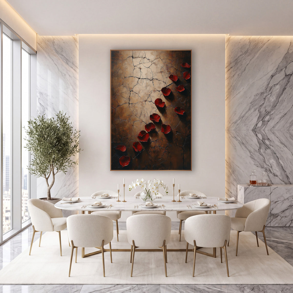Crimson Rose Petals Moody Luxe wall art in an elegant modern room – scattered deep red rose petals with soft shadows