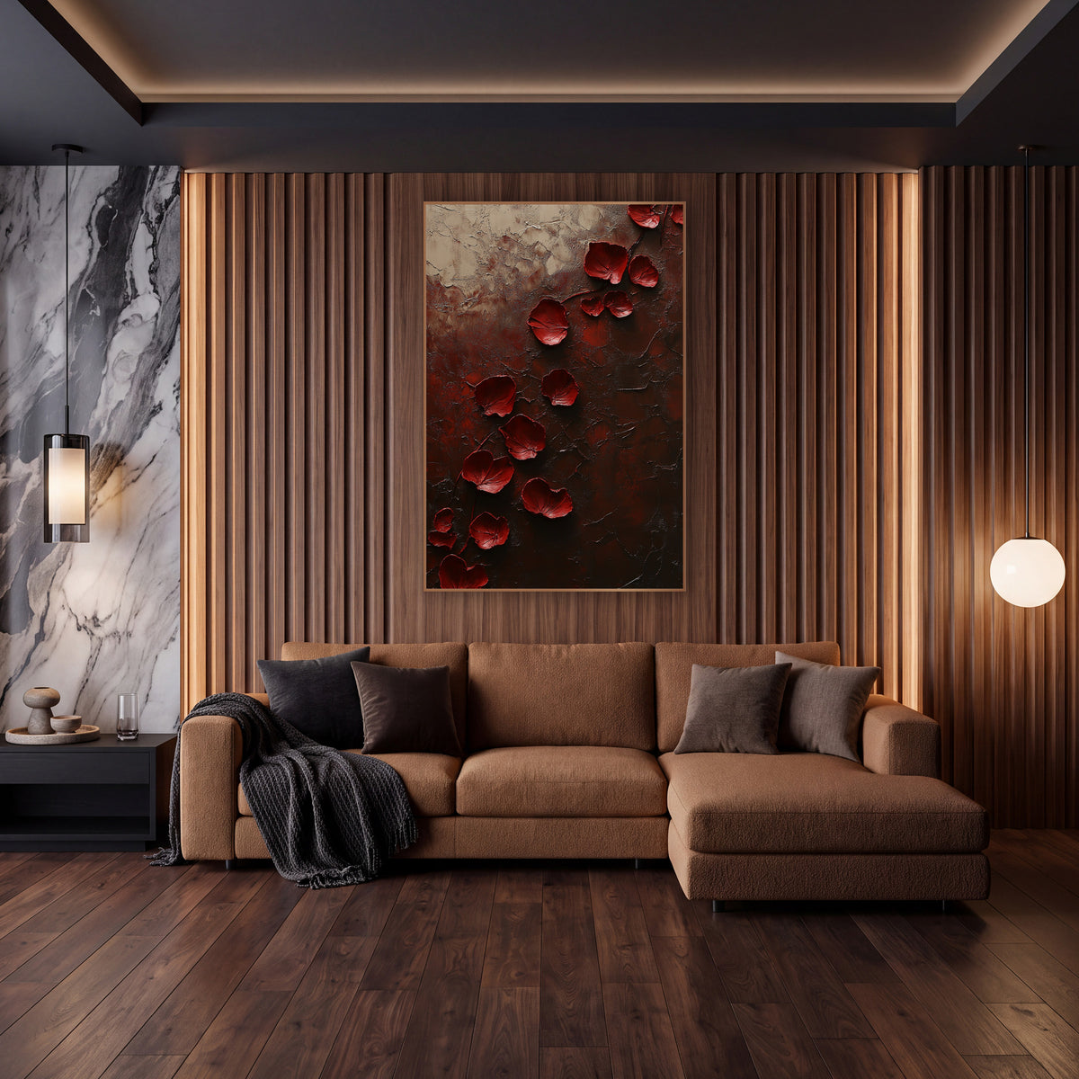 Crimson Rose Petals Dark Abstract wall art in an elegant modern room – deep red rose petals scattered diagonally