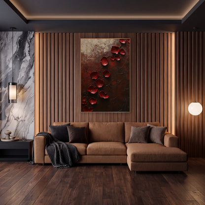 Crimson Rose Petals Dark Abstract wall art in an elegant modern room – deep red rose petals scattered diagonally